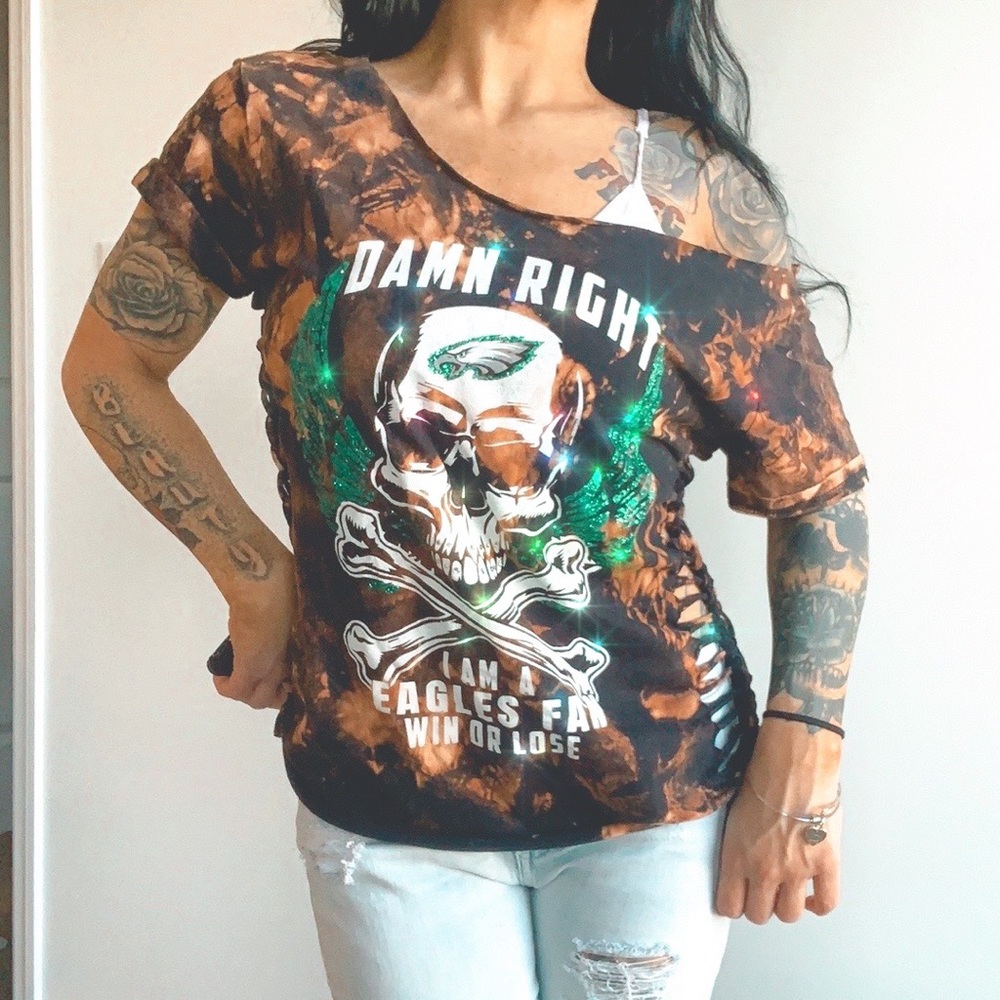 Restyled sparkle off the shoulder Eagles NFL top